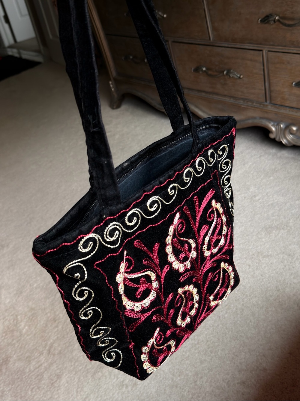 Embroidered Velvet Tote Bag in Black and Burgundy